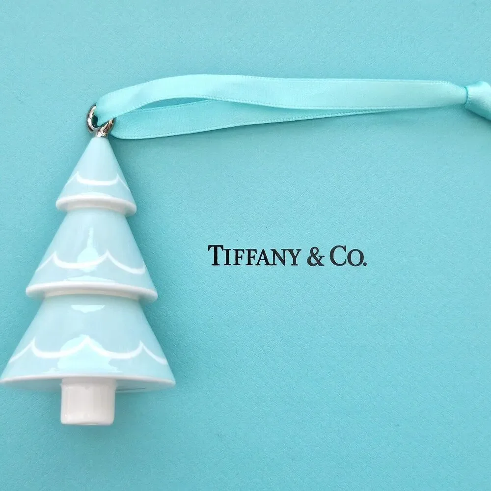RETIRED Tiffany & Co. Chrismas Tree Blue White Holiday Ornament Bone China